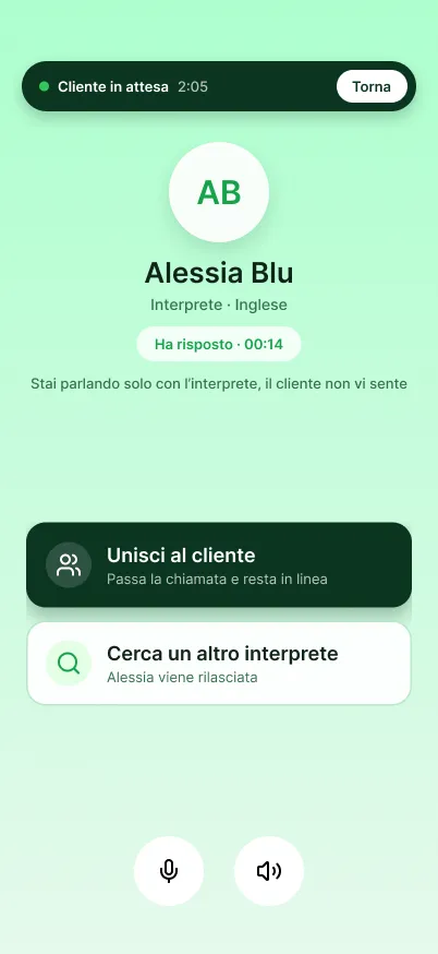 L'operatore parla con l'interprete che ha risposto, prima di unirlo al cliente: due azioni, unisci al cliente oppure cerca un altro interprete.
