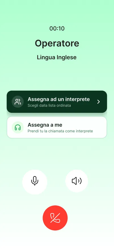 Chiamata attiva dal lato operatore, con due scelte in colonna: assegna ad un interprete, oppure assegna a me.
